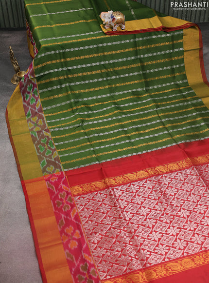 Pure uppada silk saree sap green and red with allover silver & gold zari weaves and zari woven ikat style border
