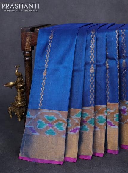 Pure uppada silk saree peacock blue and pink with allover silver & gold zari weaves and zari woven ikat style border