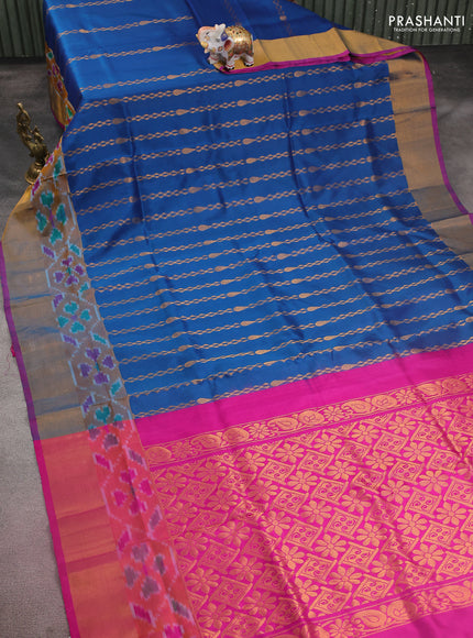 Pure uppada silk saree peacock blue and pink with allover silver & gold zari weaves and zari woven ikat style border