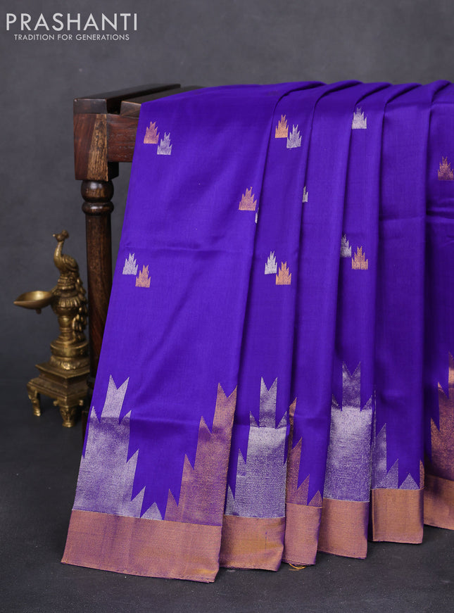 Pure uppada silk saree blue with silver & gold zari woven temple buttas and temple deisgn zari woven border