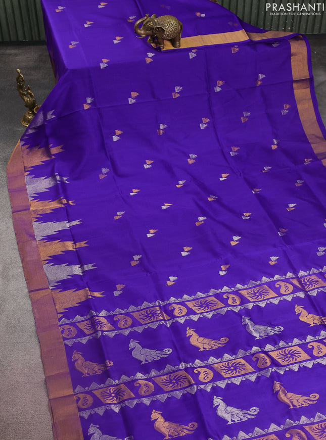 Pure uppada silk saree blue with silver & gold zari woven temple buttas and temple deisgn zari woven border