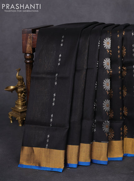 Pure uppada silk saree black and cs blue with silver & gold zari woven buttas and zari woven border
