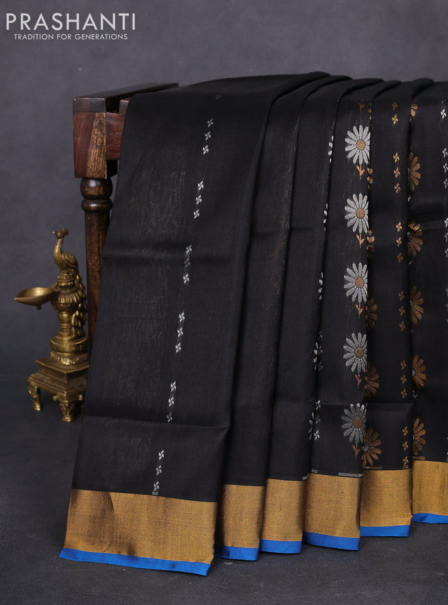 Pure uppada silk saree black and cs blue with silver & gold zari woven buttas and zari woven border