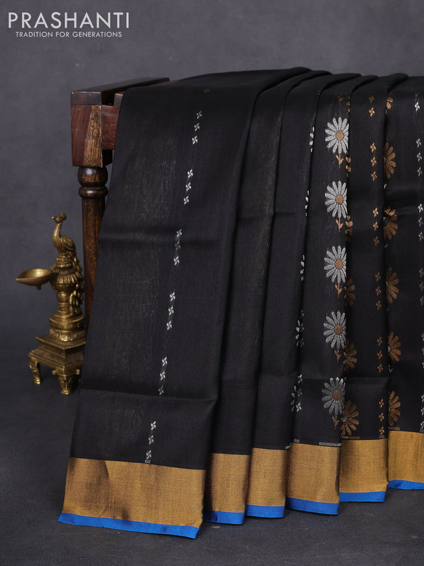 Pure uppada silk saree black and cs blue with silver & gold zari woven buttas and zari woven border