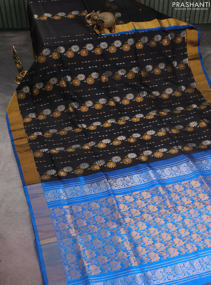 Pure uppada silk saree black and cs blue with silver & gold zari woven buttas and zari woven border