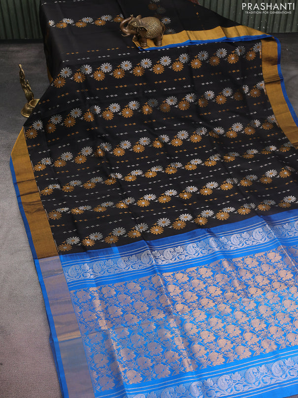 Pure uppada silk saree black and cs blue with silver & gold zari woven buttas and zari woven border