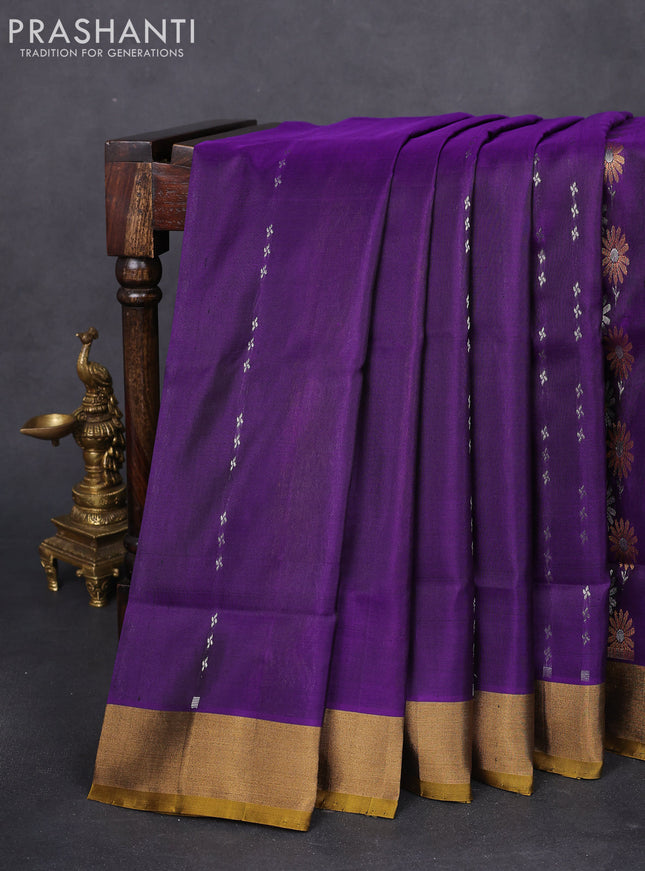 Pure uppada silk saree violet and mustard yellow with silver & gold zari woven buttas and zari woven border