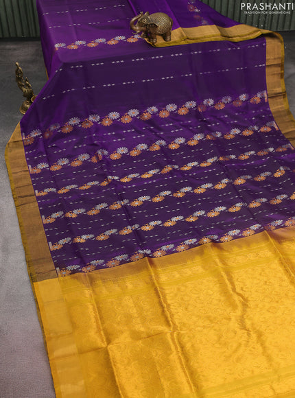 Pure uppada silk saree violet and mustard yellow with silver & gold zari woven buttas and zari woven border