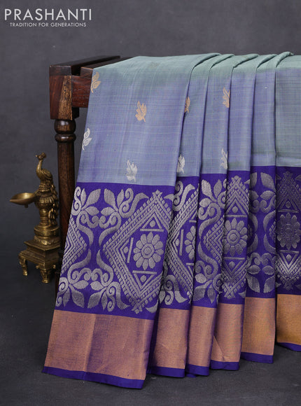 Pure uppada silk saree dual shade of pastel blue and dark blue with silver & gold zari woven buttas and long zari wovenn border