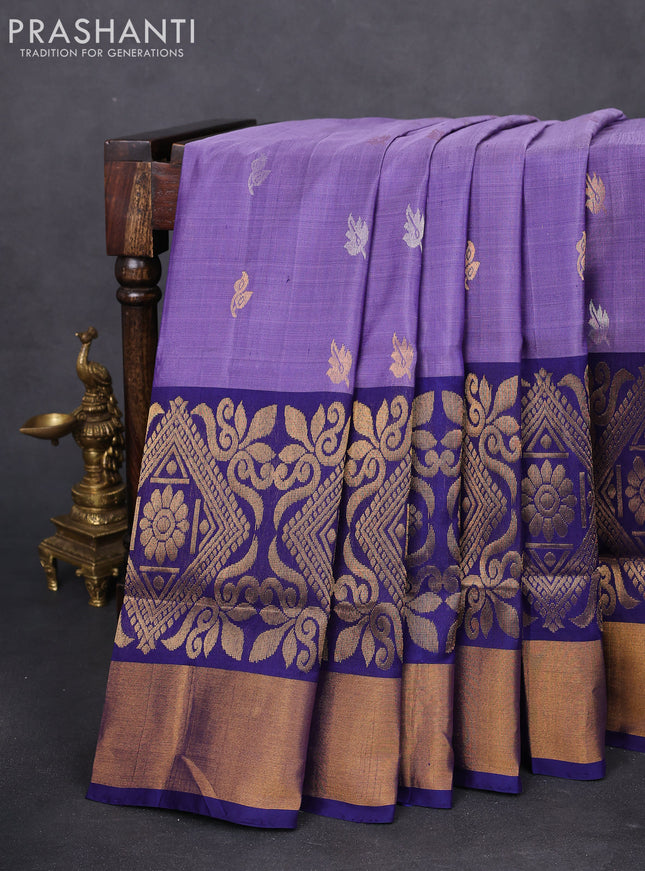 Pure uppada silk saree lavender shade and dark blue with silver & gold zari woven buttas and long zari wovenn border