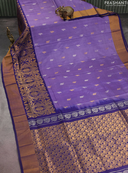 Pure uppada silk saree lavender shade and dark blue with silver & gold zari woven buttas and long zari wovenn border