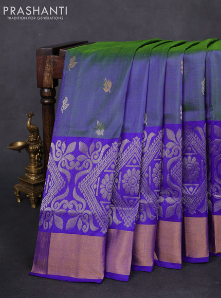Pure uppada silk saree dual shade of bluish green and blue with silver & gold zari woven buttas and long zari wovenn border