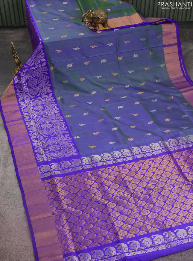 Pure uppada silk saree dual shade of bluish green and blue with silver & gold zari woven buttas and long zari wovenn border