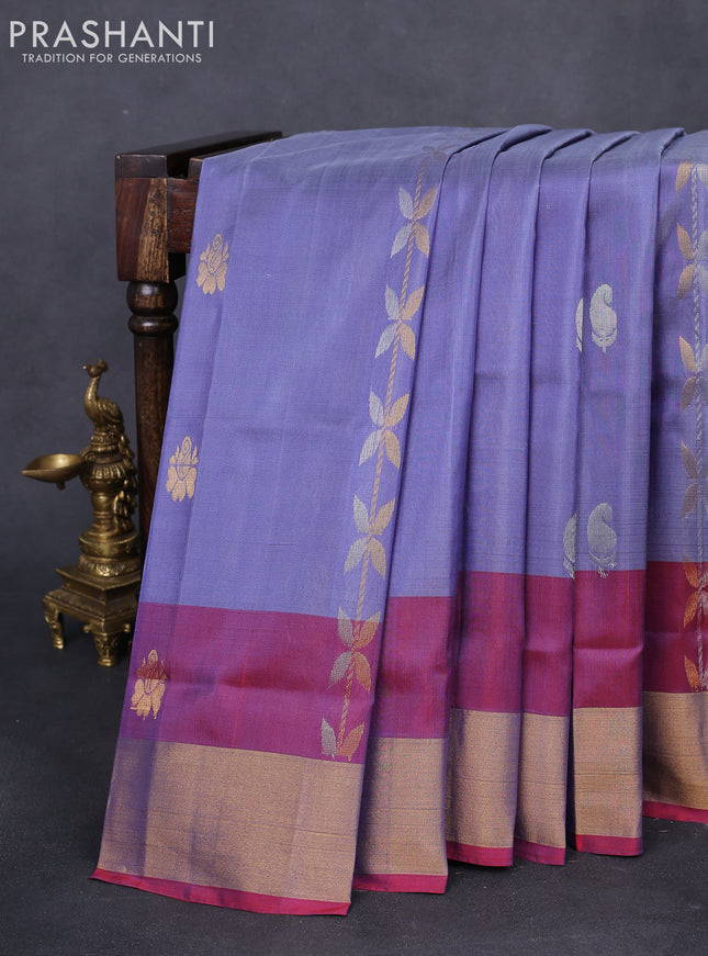 Pure uppada silk saree bluish grey and red with allover silver & gold zari weaves and zari woven border