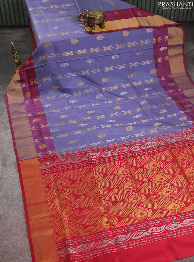 Pure uppada silk saree bluish grey and red with allover silver & gold zari weaves and zari woven border