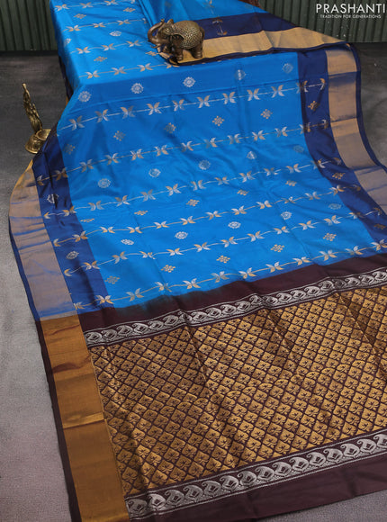 Pure uppada silk saree cs blue and coffee brown with allover silver & gold zari weaves and zari woven border