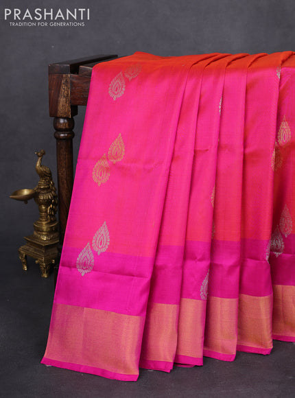 Pure uppada silk saree dual shade of pinkish orange and pink with silver & gold zari woven buttas and zari woven border