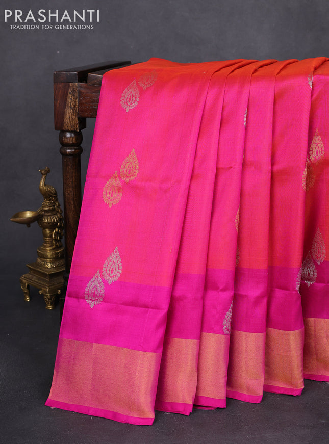 Pure uppada silk saree dual shade of pinkish orange and pink with silver & gold zari woven buttas and zari woven border