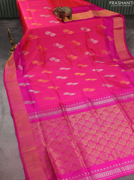 Pure uppada silk saree dual shade of pinkish orange and pink with silver & gold zari woven buttas and zari woven border