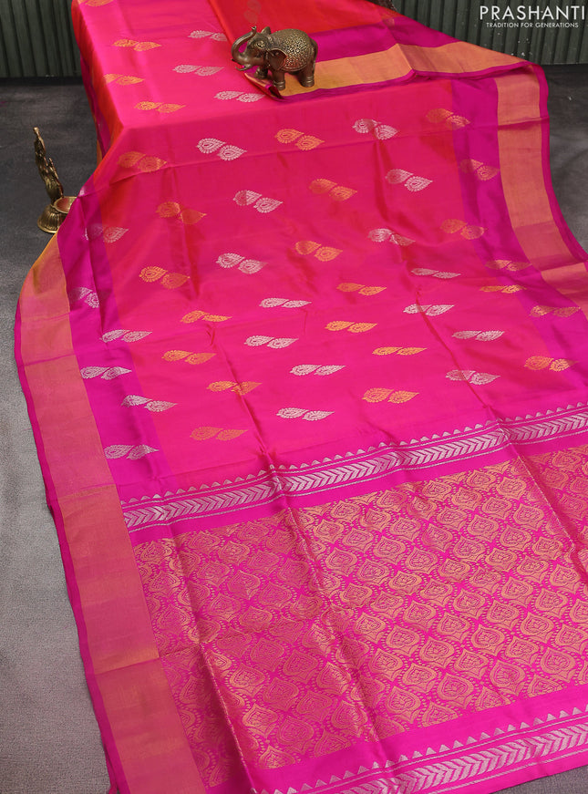 Pure uppada silk saree dual shade of pinkish orange and pink with silver & gold zari woven buttas and zari woven border