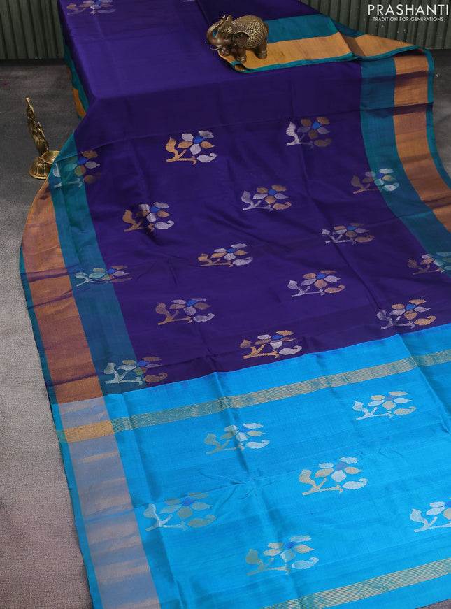 Pure uppada silk saree blue and teal blue with floral jamdhani buttas and jamdhani design pallu