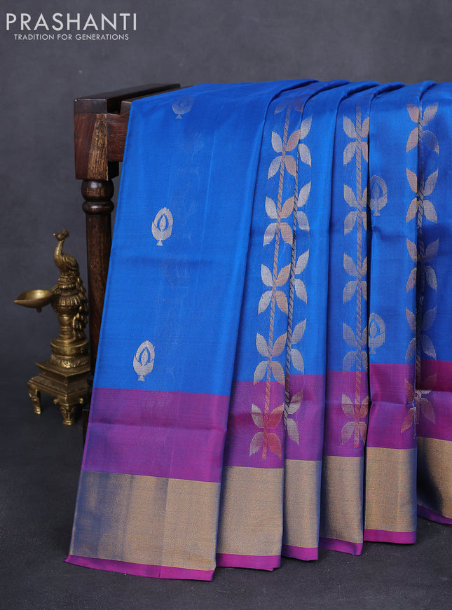 Pure uppada silk saree cs blue and pink with allover silver & gold zari weaves and zari woven border