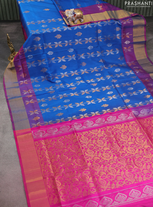 Pure uppada silk saree cs blue and pink with allover silver & gold zari weaves and zari woven border