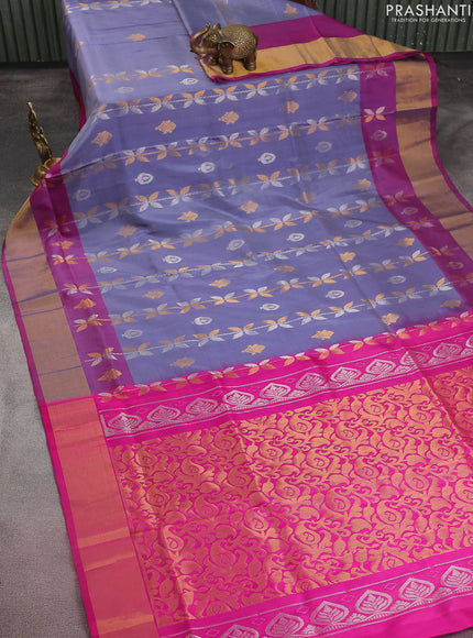Pure uppada silk saree bluish grey and pink with allover silver & gold zari weaves and zari woven border