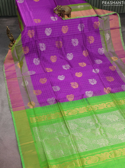 Pure uppada silk saree purple and light green with allover silver zari checks & buttas and zari woven border
