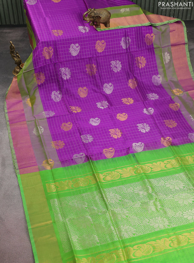 Pure uppada silk saree purple and light green with allover silver zari checks & buttas and zari woven border