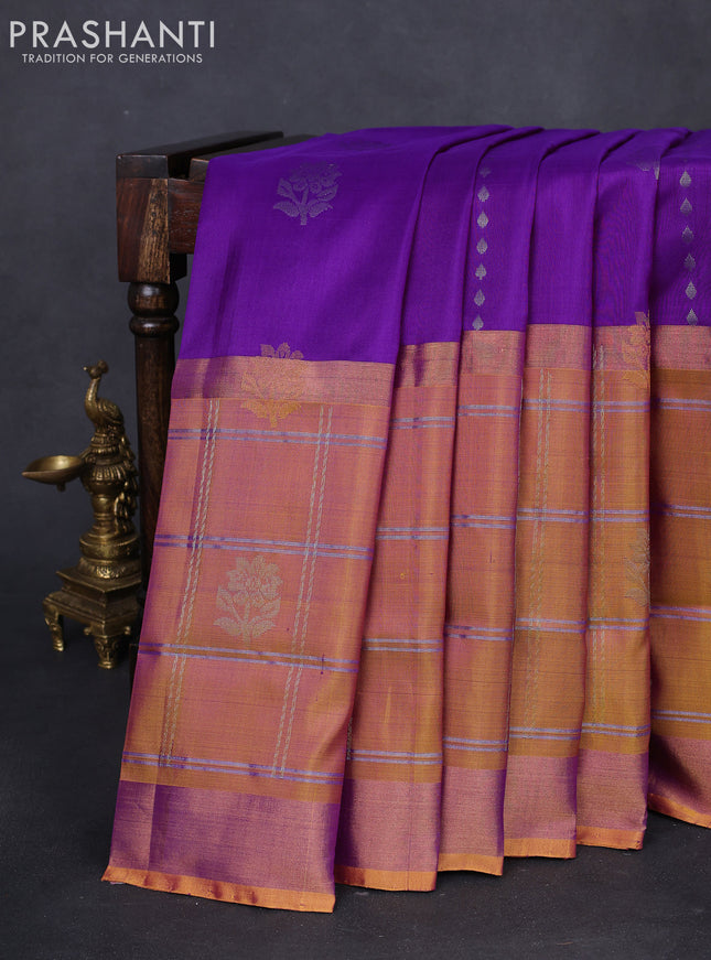 Pure uppada silk saree purple and yellow with silver & gold zari weaves & buttas and long zari checked border
