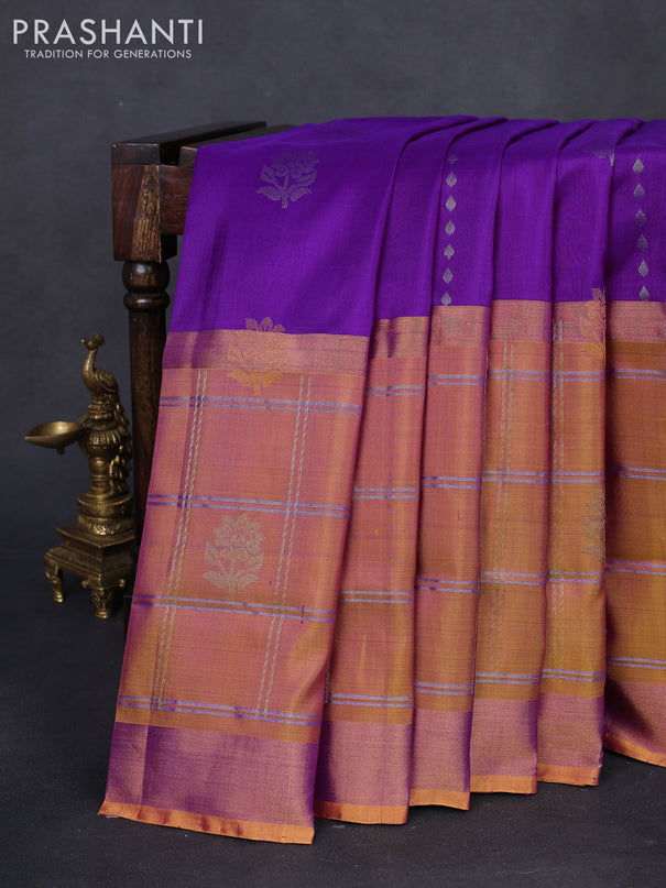 Pure uppada silk saree purple and yellow with silver & gold zari weaves & buttas and long zari checked border