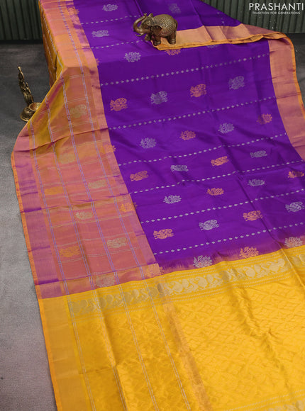 Pure uppada silk saree purple and yellow with silver & gold zari weaves & buttas and long zari checked border