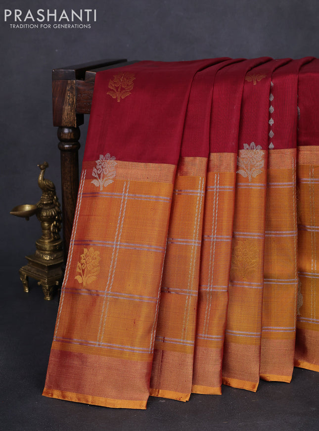 Pure uppada silk saree maroon and yellow with silver & gold zari weaves & buttas and long zari checked border