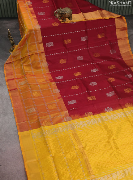 Pure uppada silk saree maroon and yellow with silver & gold zari weaves & buttas and long zari checked border