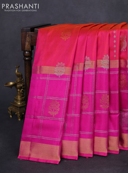 Pure uppada silk saree dual shade of pinkish orange and pink with silver & gold zari weaves & buttas and long zari checked border