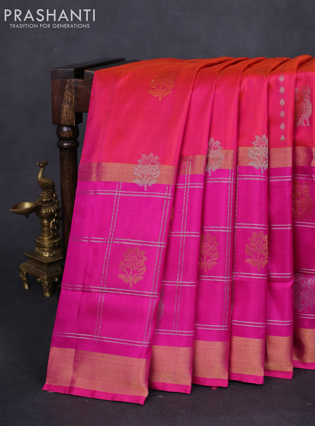 Pure uppada silk saree dual shade of pinkish orange and pink with silver & gold zari weaves & buttas and long zari checked border
