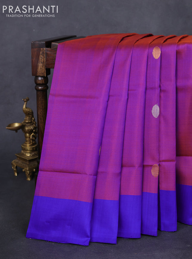Pure uppada silk saree dual shade of maroonish purple and blue with silver & gold zari woven coin buttas and simple border