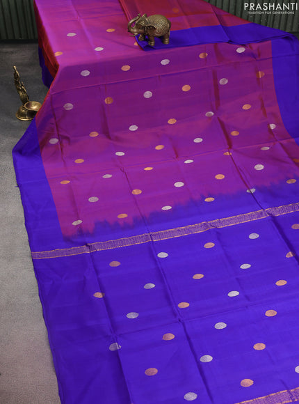 Pure uppada silk saree dual shade of maroonish purple and blue with silver & gold zari woven coin buttas and simple border