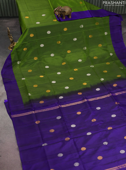 Pure uppada silk saree light green and blue with silver & gold zari woven coin buttas and simple border