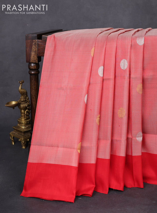 Pure uppada silk saree red shade and red with silver & gold zari woven coin buttas and simple border