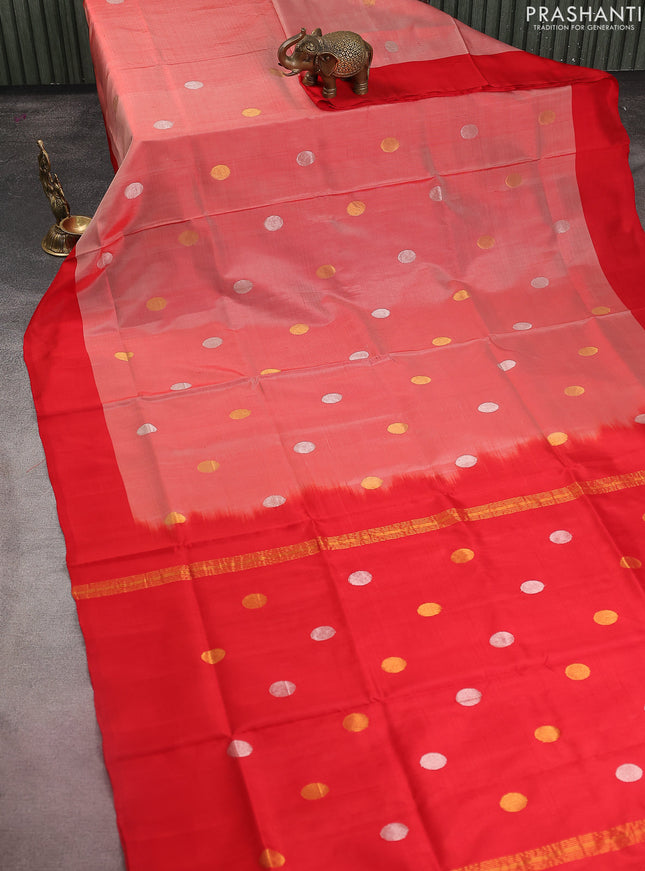 Pure uppada silk saree red shade and red with silver & gold zari woven coin buttas and simple border