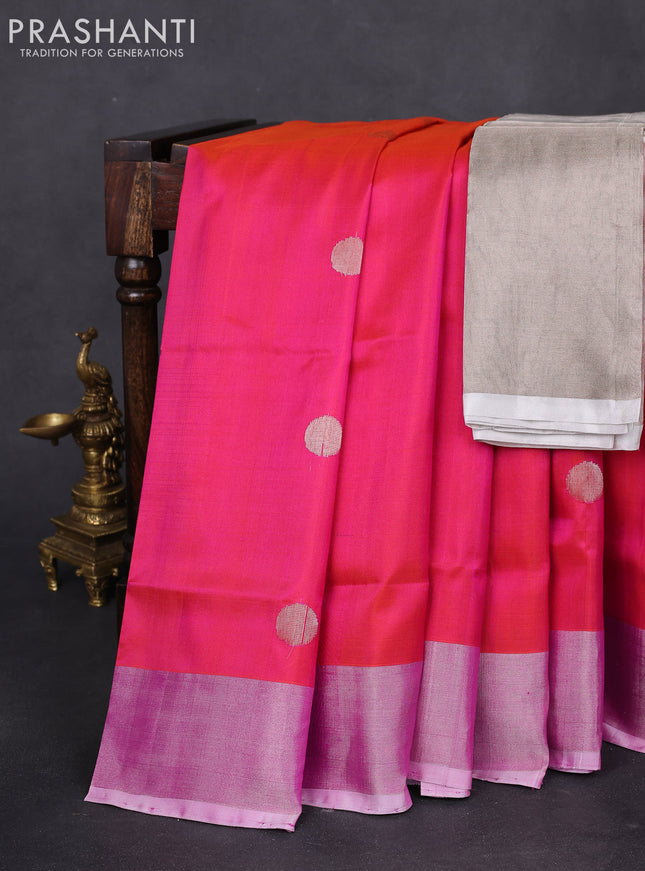 Pure uppada silk saree dual shade of pinkish orange with silver zari woven coin buttas and silver zari woven border