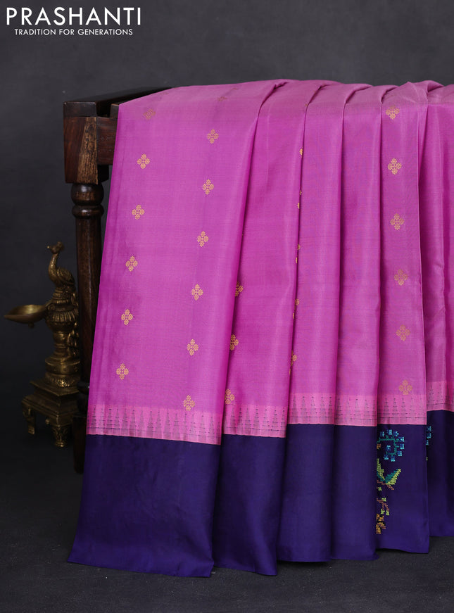 Pure gadwal silk saree lavender and blue with zari woven buttas and temple design embroidery border