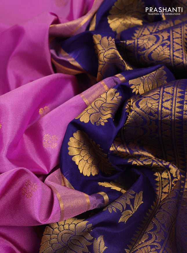 Pure gadwal silk saree lavender and blue with zari woven buttas and temple design embroidery border