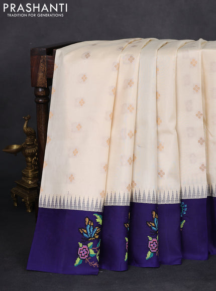 Pure gadwal silk saree cream and blue with zari woven buttas and temple design embroidery border