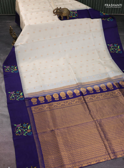 Pure gadwal silk saree cream and blue with zari woven buttas and temple design embroidery border
