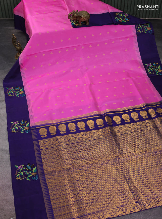 Pure gadwal silk saree light pink and blue with zari woven buttas and temple design embroidery border