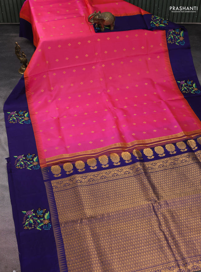 Pure gadwal silk saree dual shade of pinkish orange and blue with zari woven buttas and temple design embroidery border