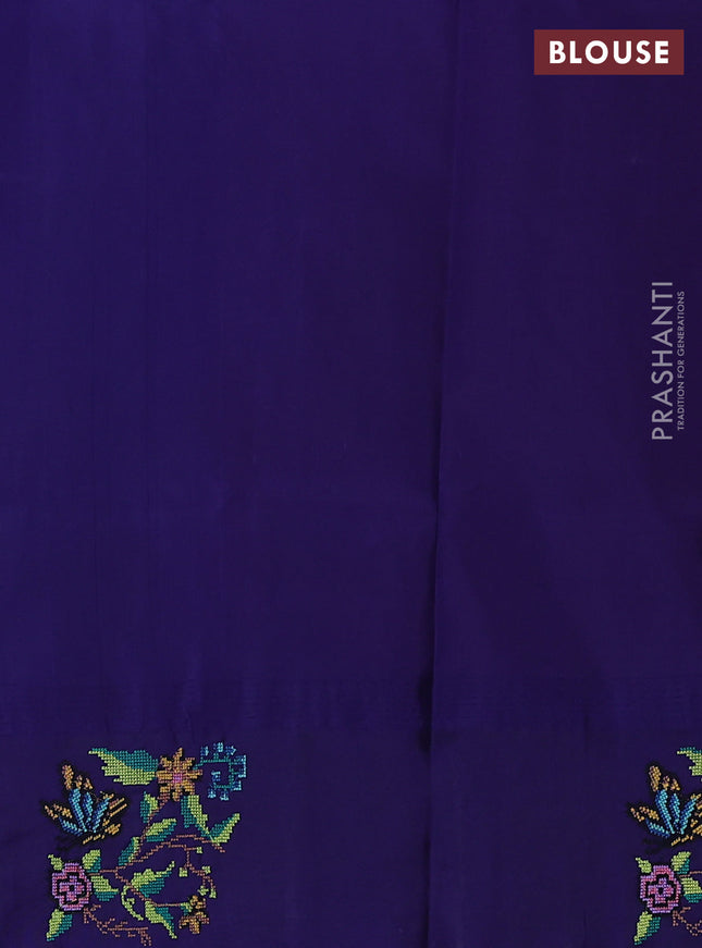 Pure gadwal silk saree dual shade of pinkish orange and blue with zari woven buttas and temple design embroidery border